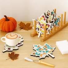 Honeydak 6 Sets DIY Glass Mosaic Tiles With 6 Wooden Coasters Making Mosaic Crafts Material Package Mixed Stained Glass For Handmade Colorful Home Decor Gift Indoor(Maple Leaf,Autumnal Color) - ColorD - 查看 4