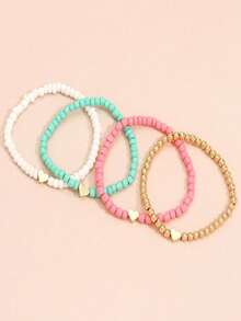 4pcs Set Elegant Minimalist Bohemian Style Beaded Heart Bracelets, Versatile For Women To Wear Casually, To Parties, Music Festivals, Beach Vacations - Multicolor - View 3