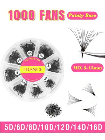  TDANCE 1盒1000支装 C/D 预制睫毛嫁接 8-15mm 混合长度 Promade 睫毛簇 Promade 散装睫毛簇 浓密尖头专业手工柔软浓密睫毛嫁接 5D/6D/8D/10D/12D/14D/16D 0.05mm/0.07mm