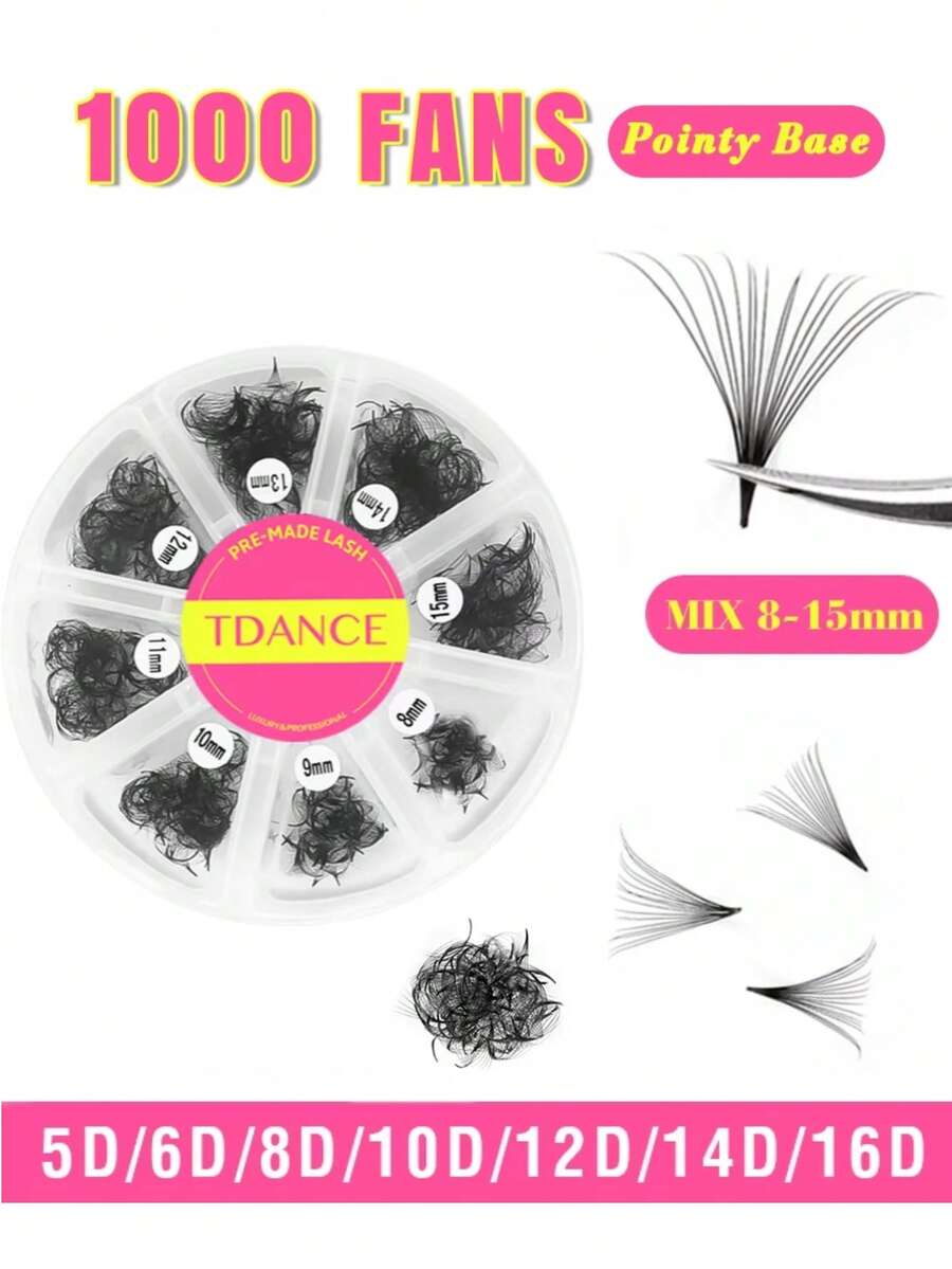TDANCE 1盒1000支装 C/D 预制睫毛嫁接 8-15mm 混合长度 Promade 睫毛簇 Promade 散装睫毛簇 浓密尖头专业手工柔软浓密睫毛嫁接 5D/6D/8D/10D/12D/14D/16D 0.05mm/0.07mm