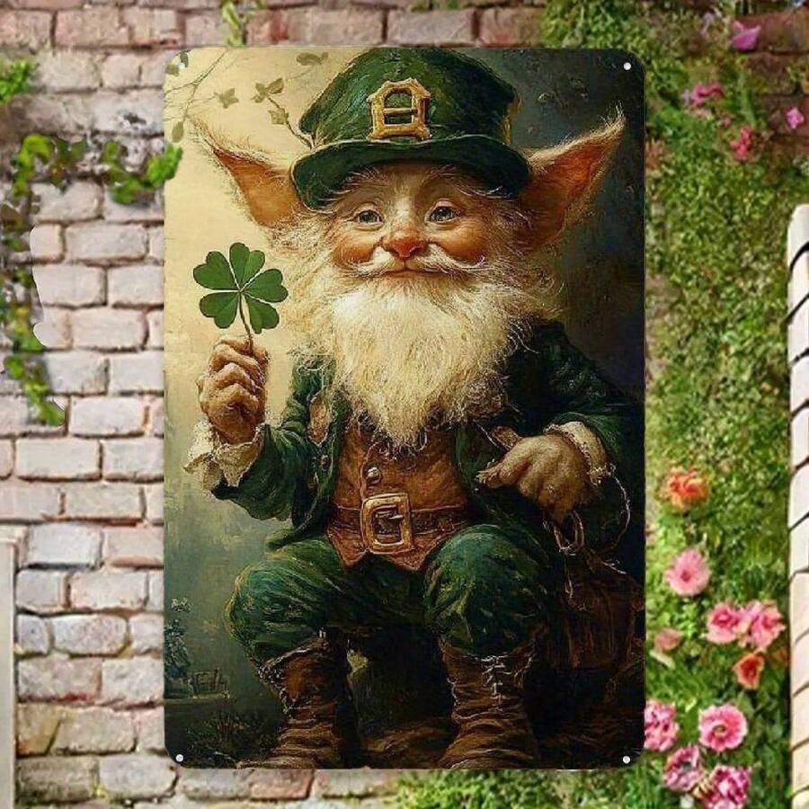 Vintage St. Patrick's Day Metal Wall Sign – Charming Green Leprechaun With Shamrock, Whimsical Retro Decor For Home, Bar, Cafe, Club, Dorm, Indoor & Outdoor Use, Tinplate Artwork With Vibrant Colors, Cafe Wall Art | St. Patrick's Day Decor | Durable Metal Sign, Metal Wall Art Decor - 1PC - Xem 1