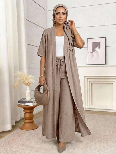 SHEIN Lady 2026 New Women's Elegant, Casual, Commuting, Vacation, Simple, Lighting Brown Solid Color Long Cardigan Jacket And Loose-Fitting Straight-Leg Trousers Two Pieces Set Four Seasons Holiday Vacation Beach Vacation Outfits For Women Spring Summer Vacation Outfits For Women Beach Outfit For Women Vacation Beach Outfit  Beach Outfit For Women Beach Outfit For Women Beach Summer Outfit For Women Casual Sets For Women Summer Clothes Summer Summer Outfit For Women