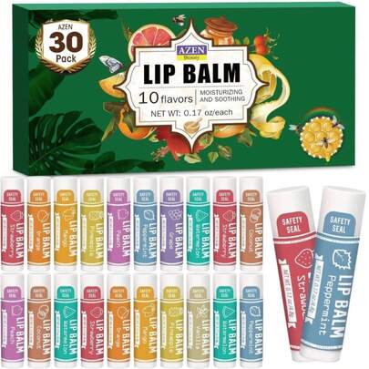 AZEN 30 Pack Lip Balm, Natural Lip Balm Bulk, Lip Care Product, Moisturizing Lip Balms For Dry Cracked Lips, Valentines Gifts Easter Basket Stuffers - 10 Flavors
