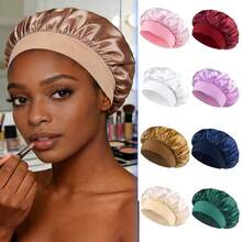 新款缎面丝绸睡帽 - 可调节双层双面宽檐超大号睡帽，配有柔软弹力带，男女通用，适合卷发/直发/辫发，可用于沐浴、居家美容化妆、睡眠护理和日常头巾，减少摩擦，防止毛躁，是送给妈妈的绝佳圣诞礼物，也是时尚的运动配饰。 - 彩色 - 查看 9
