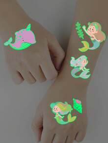 12Pcs Glow-In-The-Dark Luminous Tattoo Stickers From The Mermaid Series, Shining In The Dark, Featuring 130 Cartoon Mermaids And Underwater Creatures, Artistic Waterproof Fun Temporary Tattoos, Perfect Birthday Party Gift - Multicolor - View 5