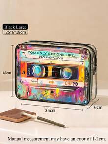 Nuevo bolso cosmético de PVC con patrón de casete retro, tema "Solo se vive una vez, no se puede volver a hacer", organizador de viaje con cremallera de PVC, ligero y resistente a la decoloración, adecuado para el maquillaje y los artículos de tocador de mujeres y niñas, fácil de limpiar, diseño estético de moda, aplicable para viajes, vacaciones, vuelta al colegio y otras ocasiones, bolsa de aseo, bolsa de viaje, bolsa de ducha, bolsa impermeable, gran capacidad, cubos de embalaje, artículos de viaje esenciales para mujeres, artículos esenciales para cruceros, artículos esenciales para vacaciones, artículos de viaje - Multicolor - Ver 9