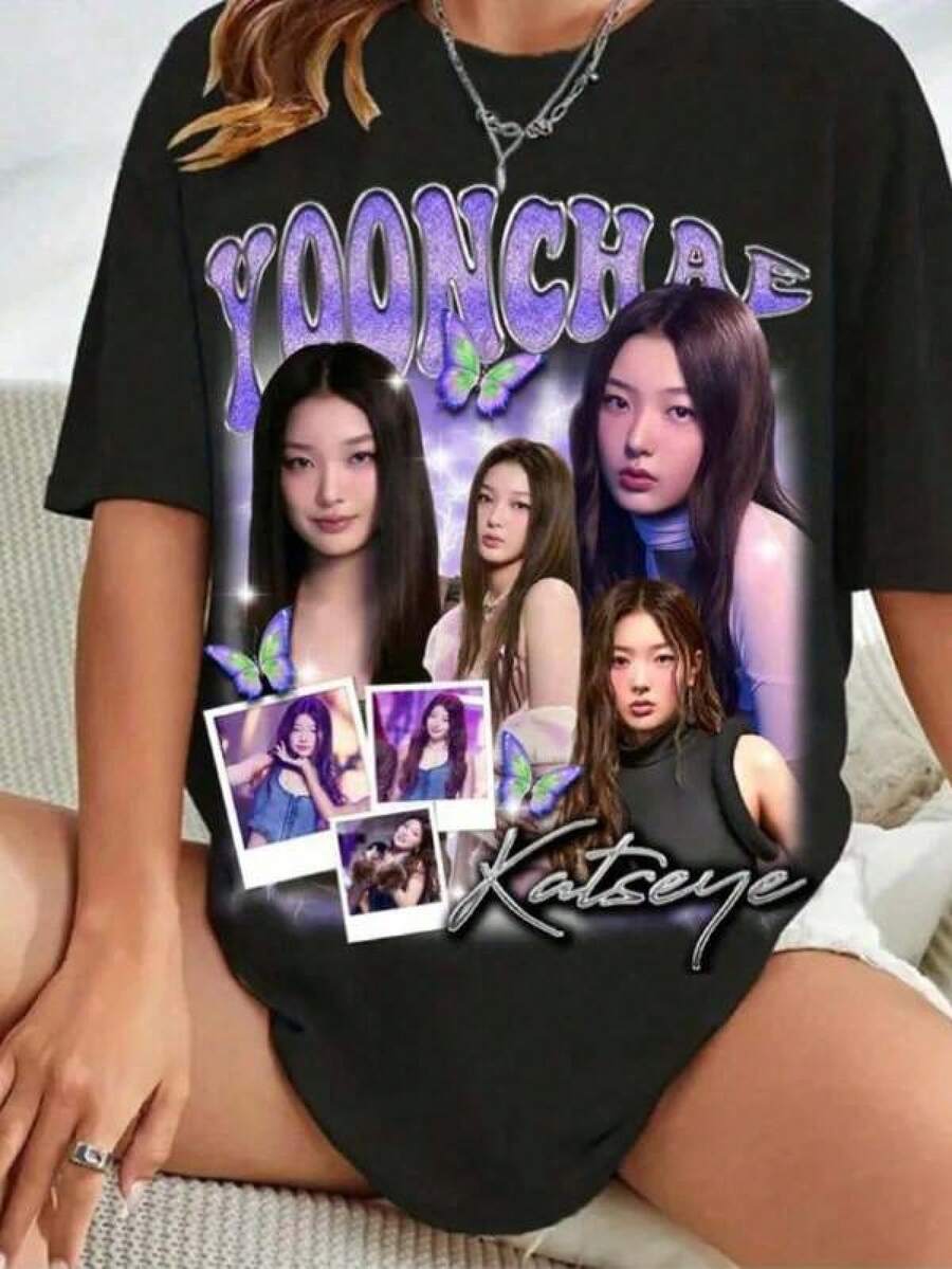 1pc Kids Girls Clothing Casual Colorful Graphic Print Round Neck Short Sleeve T-Shirt, Summer Student Youth Apparel American Hip Hop Retro Yoonchae Katseye Pattern T-Shirt Summer New Retro Fashion Mens And Womens S Girls Summer Clothing, Young Student Casual Comfortable Fashionable Versatile Top - 黑色 - 查看 1