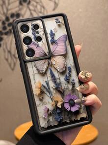 1pc Dried Flower & Butterfly Pattern Printed Phone Case, Camera Protection, Shock-Proof, Thick Black Phone Cover Compatible With Android Galaxy A55/A15, S21/S22/S23 FE/S24 Plus/S25 Ultra, /, SMART 8 Pro, Honor, One Plus - Black - View 8