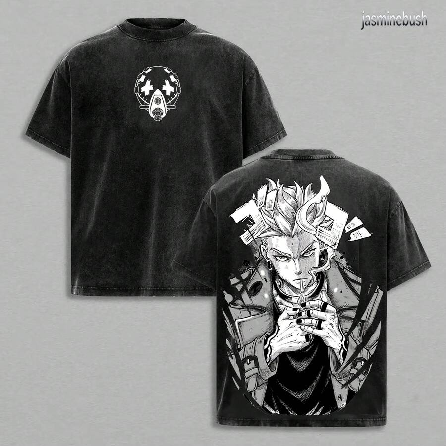 Enjin Gachiakuta Washed Tee – Heavy Cotton Oversized Vintage Graphic T-Shirt, Gritty Manga Antihero Streetwear, Cyberpunk Style Unisex Retro Top - 黑色 - 查看 1