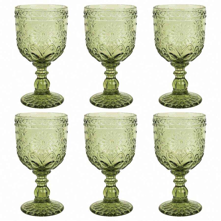 Sunflower Embossed Wine Glasses Set Of 6 – 10oz Green Vintage Goblets, Dishwasher Friendly Stemmed Drinking Cups For Wedding Toast, Cocktail, Juice & Home Entertaining - 綠色 - 查看 1