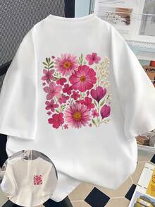 Women's Casual Ditsy Floral Round Neck Short Sleeve T-Shirt, Suitable For Spring, Summer, Autumn, Valentine's Day/Back To School - White - View 10