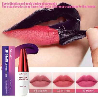 1片可撕拉式唇部护理产品，3种颜色可选，持久哑光防水唇膜，显色唇彩，保湿不晕染，易于涂抹，可撕拉式唇釉，持久哑光锁色，防水防汗，保湿，打造丰盈双唇，适合派对和各种场合
