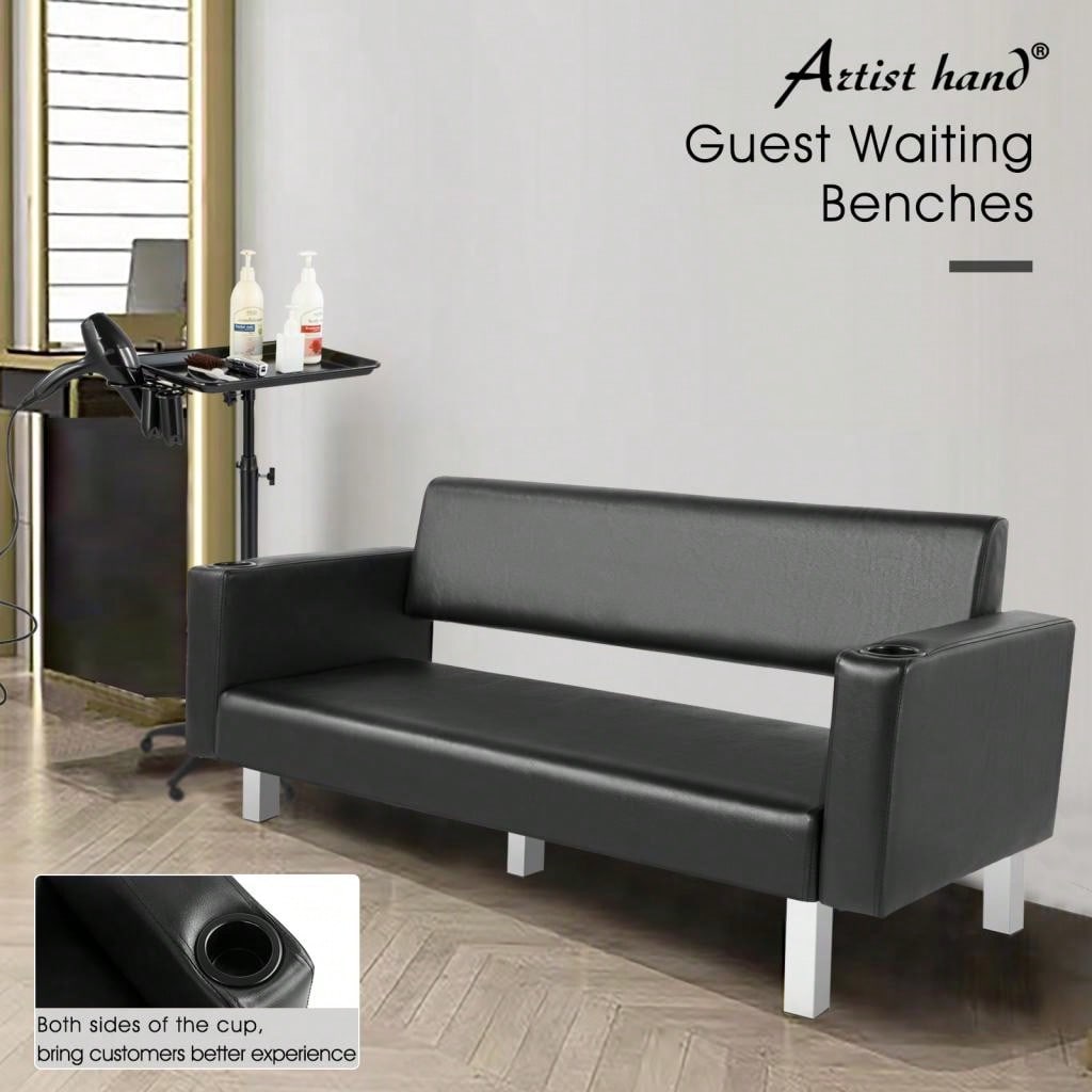 60.6'' Leather Waiting Bench With 2 Cup Holders Office Reception Guest Chair