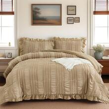 3 Pieces Beige Textured Comforter Set Queen King,Ruffle Farmhouse Shabby Chic Comforter For Queen Bed,Soft Seersucker Boho Bedding Set With 1 Ruffle Comforter,2 Tufted Pillowcases Valentine Decor Room Decor - White Ruffle - View 6