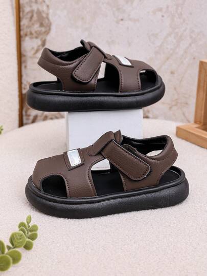 1 Pair Unisex New PU Hook And Loop Design Flat Sandals, Shock-Absorbing Non-Slip Children Beach Shoes, Korean Style Boys Outdoor Sports Sandals, Suitable For Summer