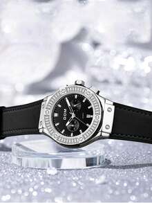 DOM 1pc Women's Fashionable Multi-Function Chronograph Sports Style Watch, Black Strap Calendar Quartz Water-Resistant Ladies Watch With Large Dial And Rhinestones, Suitable For Gifting To Girlfriend And Daily Wear - Black - View 5