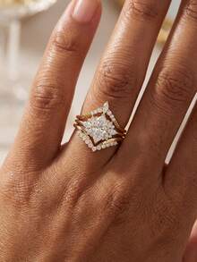 3pcs 925 Sterling Silver V-Shaped Zirconia Inlaid Rings Set, Vintage Fashion Party Birthday Jewelry Gift For Women - Gold - View 5