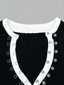 Women's Casual Loose Fit Contrast Color Elastic Fabric 2 In 1 Long Sleeve Oversized T-Shirt, Suitable For Spring/Summer, Valentine's Day, Dates - màu đen - Xem 6