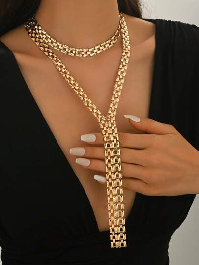 1pc Middle Eastern Style Minimalist Y-Shaped Necklace, Fashion Personality Metal Clasp Chain Double-Layer Design Long Sweater Chain, Versatile Accessory For Daily, Casual, Street Style