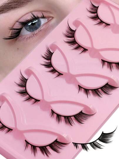 5对 GROINNEYA 自然卷翘猫眼仿貂毛假睫毛，舒适精致，卡通风格，适合日常佩戴和化妆