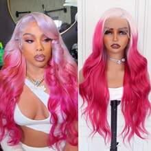 13*4英寸合成蕾丝前假发，带刘海，耐热透气，采用合成纤维制成，发际线自然，可自由分缝，适合派对、日常佩戴、音乐节、春夏等场合，红色渐变波浪刘海。 - 彩色 - 查看 1