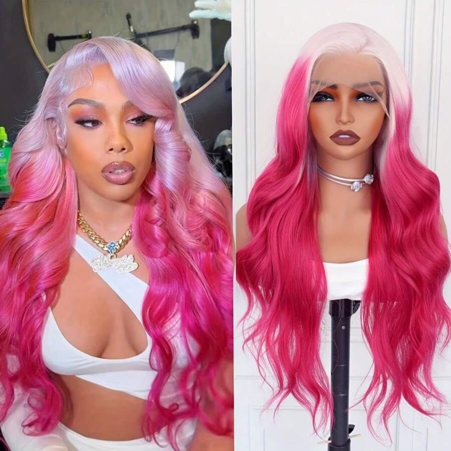 13*4英寸合成蕾丝前假发，带刘海，耐热透气，采用合成纤维制成，发际线自然，可自由分缝，适合派对、日常佩戴、音乐节、春夏等场合，红色渐变波浪刘海。 - 彩色 - 查看 1