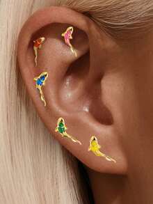 SereneSpark 1Pc 925 Sterling Silver Elegant Red Enamel Koi Fish Ear Cartilage Piercing Stud Earring Flat Back Cartilage Helix Piercing Fine Jewelry Suitable For Women'S Daily Wear Parties, And Wedding Occasions - Gold - View 3