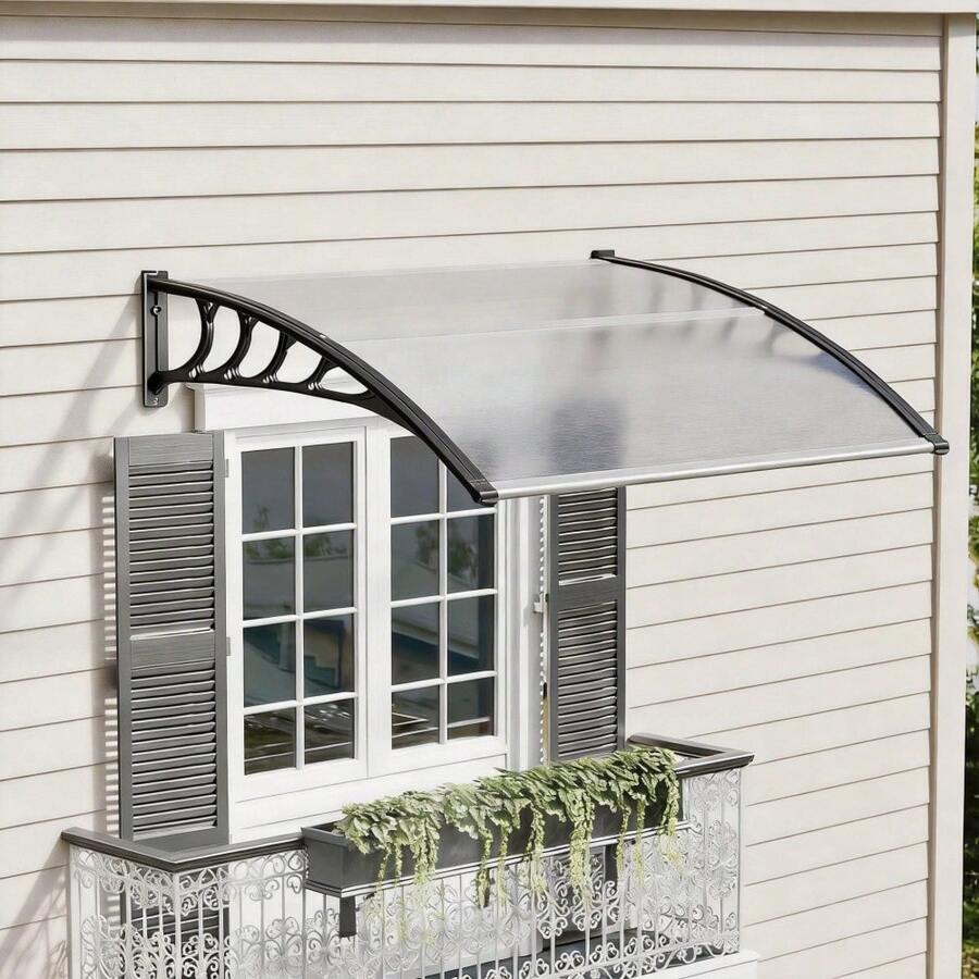 Wetterfeste Türvordach-Markise – Haustürabdeckung aus Aluminium und Polycarbonat – Transparente Veranda-Markise mit Mittelstütze – Sonnen- und Regenschutz – Einfache Montage - Transparent 100x150cm - Übersicht 1