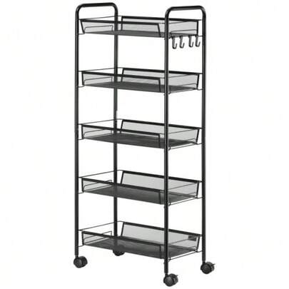 Rolling Kitchen/Living Room Trolley With Black Steel Handles, 4-Tier Shelves And 5 Baskets, Dual Storage Function