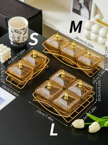 一套优雅琥珀香槟色塑料零食碗套装，带金色支架和盖子——非常适合盛放干果、坚果和派对食品 - 香檳色 - 查看 2