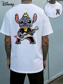 Disney Authorized Lilo & Stitch Rocking Bass Print Men's T-Shirt, Crew Neck, Casual And Comfortable, Breathable And Lightweight, Stylish Streetwear, Men's Casual Top - White - View 1