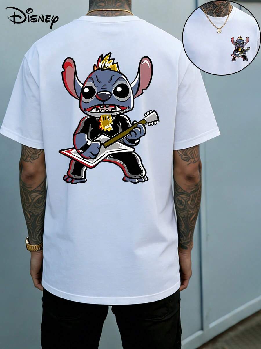 Disney Authorized Lilo & Stitch Rocking Bass Print Men's T-Shirt, Crew Neck, Casual And Comfortable, Breathable And Lightweight, Stylish Streetwear, Men's Casual Top - White - View 1
