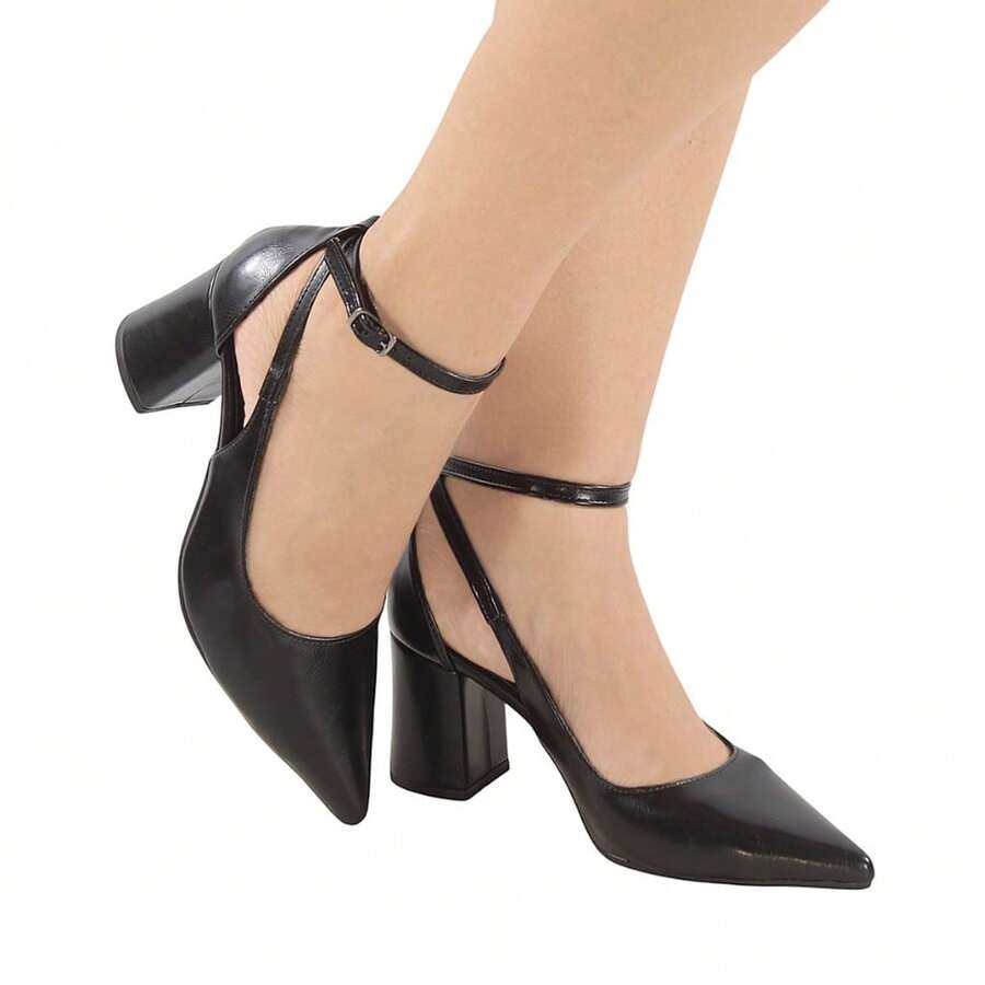 Women's Medium Square Block Heel Stiletto Sandal With Ankle Buckle Closure, Pointed Toe, Comfortable - Black - View 1