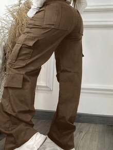 Black Multi-Pocket Buttoned Casual Y2K Leisure Elegant And Cute Lightweight Work Pants. Suitable For Back-To-School, Graduation, Clubs, Birthday Parties, Halloween, New Year, Thanksgiving, Concerts, Gyms, Beaches, Vacations, Business, Daily Airport Wear, Street Style, Teacher's Day, Spring, Summer, Autumn And Winter. - màu nâu - Xem 6