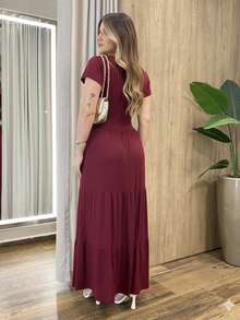 Long Dress With Three Tiers, Comfortable Viscose/Lycra Knit, Casual And Elegant, Ruffled Hem, Modest Style, Short Sleeves. - 酒紅色 - 查看 3
