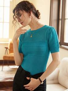 Knit Mix Elegant Women's French Retro Style Knitted Puff Sleeve Top, Spring/Summer Round Neck Fitted T-Shirt Simple Retro Vintage Style Random Pattern Fall - Lake Blue - View 7