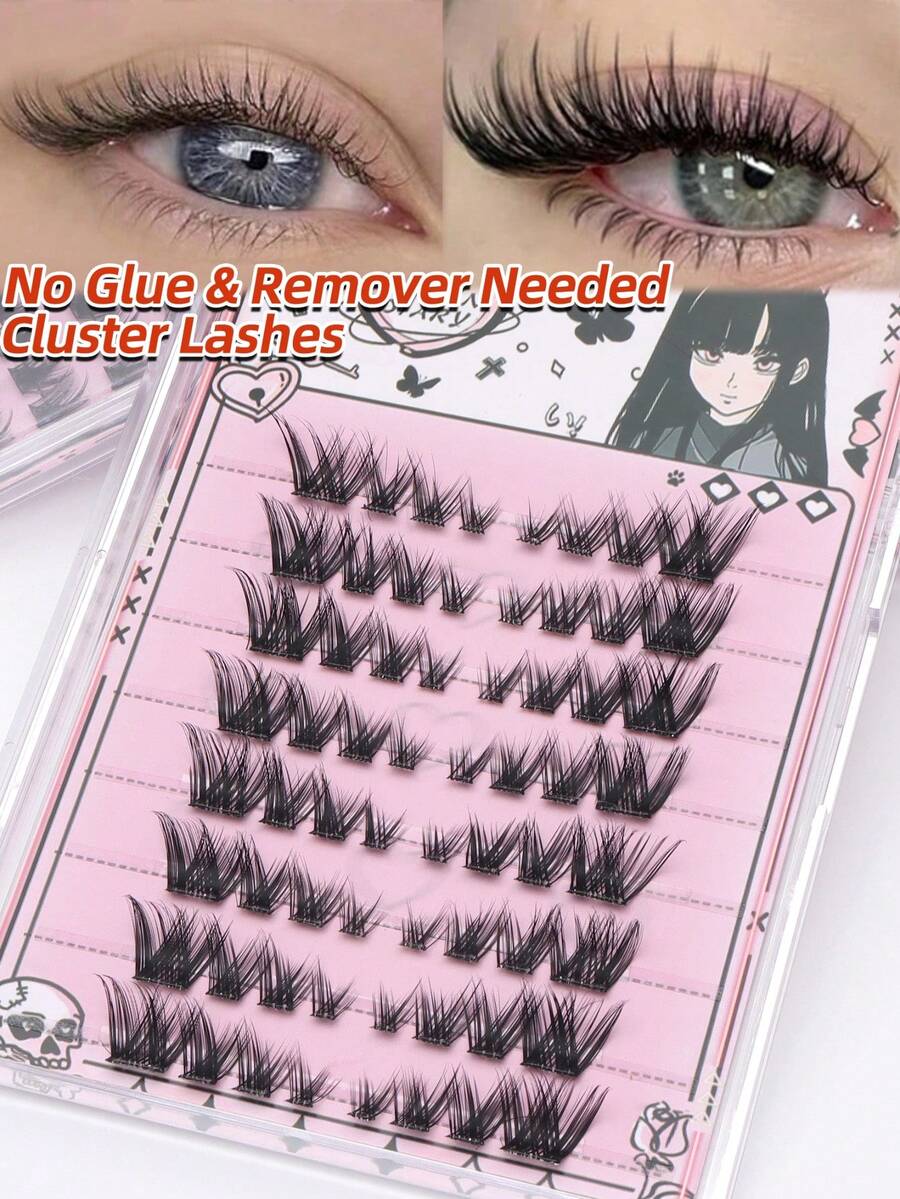 64 piezas de grupos de pestañas postizas autoadhesivas, de longitud mixta de 7-12 mm, pestañas falsas de aspecto natural, pestañas segmentadas, pestañas individuales esponjosas con rizo C, diseño grueso, adecuado para principiantes, grupos de pestañas e pestañas individuales - C - Ver 1