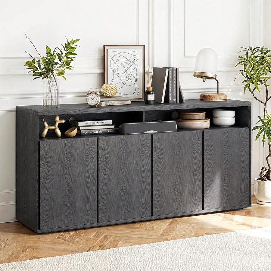 ONBRILL Sideboard Buffet Cabinet With Storage, 63" Sideboard Cabinet With 4 Doors & Shelves, Mid-Century Modern Kitchen Storage Cabinets, Coffee Bar Console Table For Dining Room, Living Room, Black & Grey - đen - Xem 1
