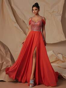 VIPGIRL Orange Tulle High Waist Elegant Women Evening Gown - Orange - View 4