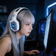 ONIKUMA K8 游戏耳机，配备灵活高清麦克风、RGB 灯光、环绕立体声，有线包耳式耳机，适用于 PC 游戏 - 白色 - 查看 6