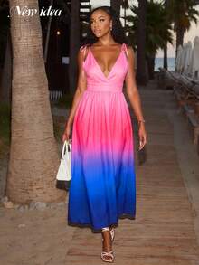 Abito midi da donna elegante con spaghetti e sfumature di rosa e blu, scollo a V in vita alta con design a campana, ideale per l'estate, adatto per vacanze al mare e feste - Multicolore - Visualizzare 4