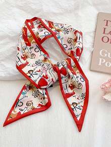 4件套复古法式真丝围巾，菱形格纹和花卉图案窄丝带，优雅发圈，手提包装饰 - 彩色 - 查看 8