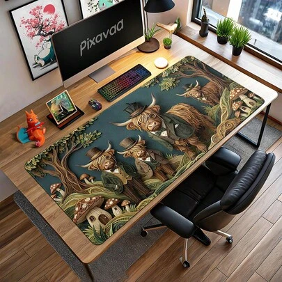 Interesting Highland Cattle Family Game Mouse Pad, Large Desk Mat With Handmade Paper Carving Art, Elegant British Style Non-Slip XXL Desk Protector, Gift