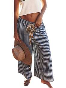 Women's High Waist Drawstring Stripe Wide Leg Pants-Loose Casual Lounge Palazzo Trousers With Pockets Y2K Comfy - Màu xanh lam - Xem 2