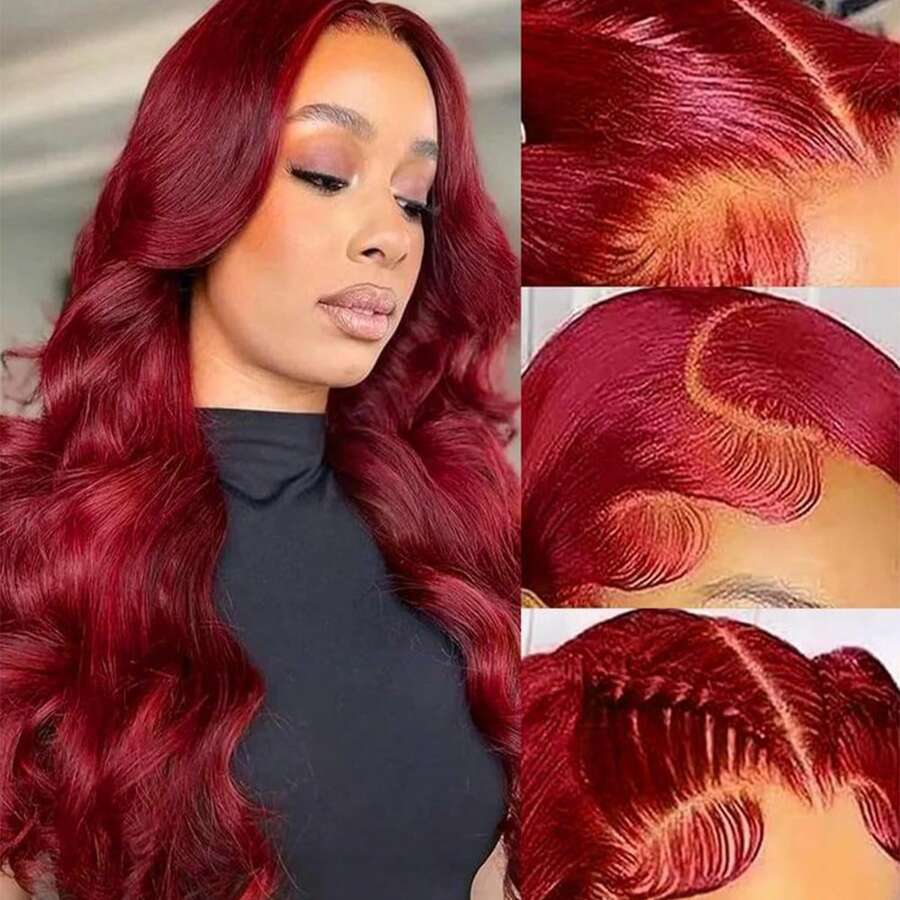 99J 酒红色蕾丝前假发，真人发，13x4 透明水波纹，预先拔毛，180 密度，女士水波纹假发 - S99J - 查看 1