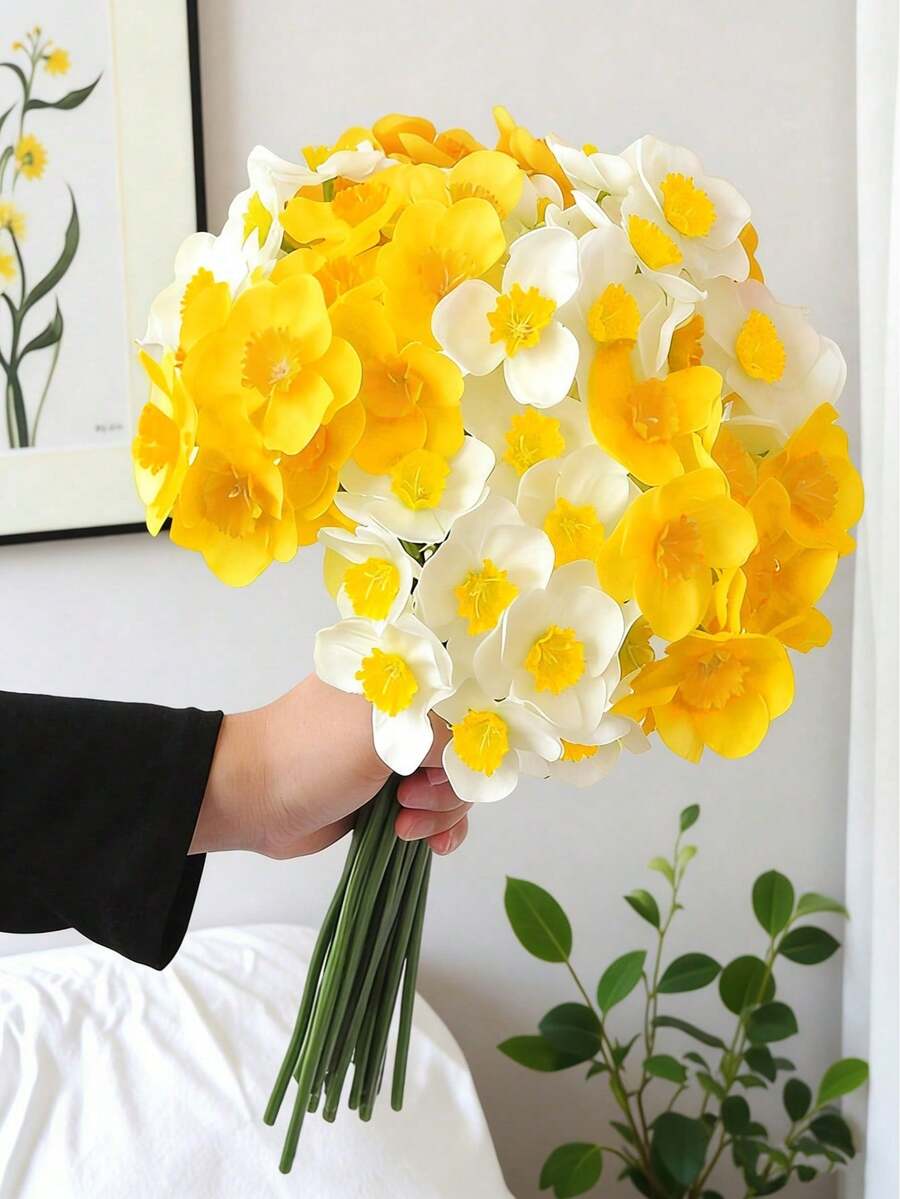 人造水仙花，黄色水仙花束，手工制作，适用于婚礼花艺布置、家居桌面装饰、摄影道具，可用于婚礼装饰、家居装饰、人造花卉摆设等。人造花束易于造型，营造温馨氛围。 - 彩色 - 查看 1