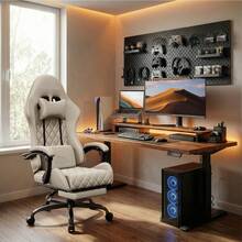 Gaming Chair With Massage Lumbar Pillow, Breathable Felt Fabric, 90-135° Reclining, Linkage Armrests, Footrest, Ergonomic Office Chair For Adults - 米色 - 查看 2