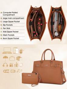 NEWHEY 15.6英寸女士防水真皮笔记本电脑包，商务办公公文包，大容量笔记本电脑单肩包，两件套 - 彩色 - 查看 10