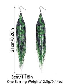 AHAYA Handmade Woven Glass Beaded Snake Pattern Earrings With Long Tassel, Bohemian Inspired Design, Creative Bead Jewelry, Versatile For Halloween, Carnival, Daily Wear - Green - View 7
