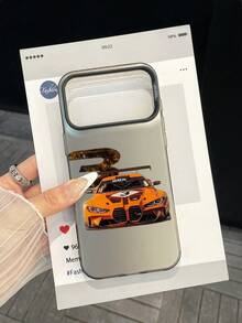 Supercar Speed Theme Phone Case For Men, 1pc Orange Racing Car & "3" Digit Print PC Hard Bottom Transparent Soft Frame High-End Durable Full Coverage Hard Phone Case, Compatible With IPhone & Galaxy - Black - View 1